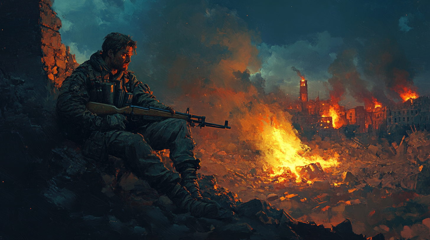 Marty Reed sits alone near a campfire in the ruins of a burning city at night, holding a rifle and staring into the flames with silent determination.