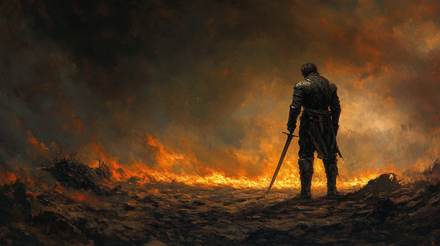 Painting of a warrior standing before a burning battlefield, sword lowered in reflection, in the style of Frank Frazetta.
