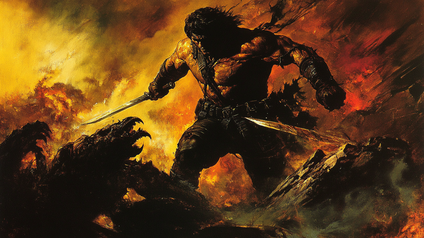 Illustration of a muscular warrior with two swords fighting monstrous figures amid fire and smoke, in the style of Frank Frazetta.