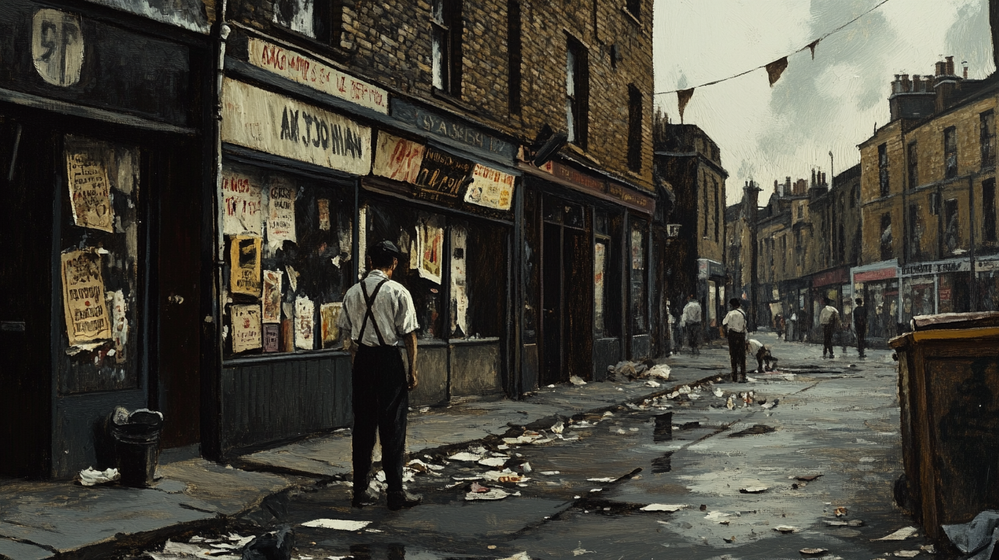 1962 London street scene with trash-strewn pavement, faded shop signs, and idle young men, illustrating the slow collapse of order in A Clockwork Orange.