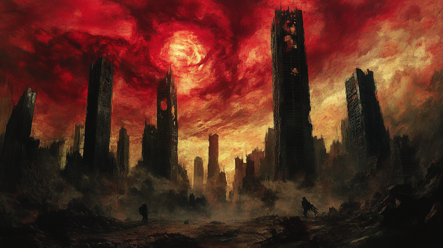 Painting of a post-apocalyptic city with ruined skyscrapers and a blood-red sky, in the style of Frank Frazetta, with two shadowy figures in the rubble.
