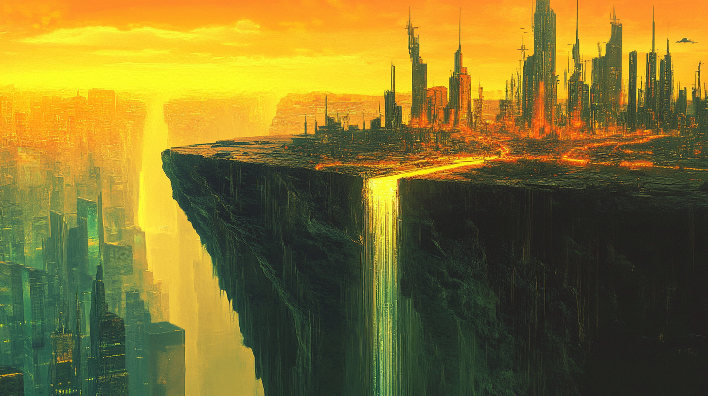 Split sci-fi cityscape showing futuristic Martian structures and Earth-like towers divided by a glowing canyon