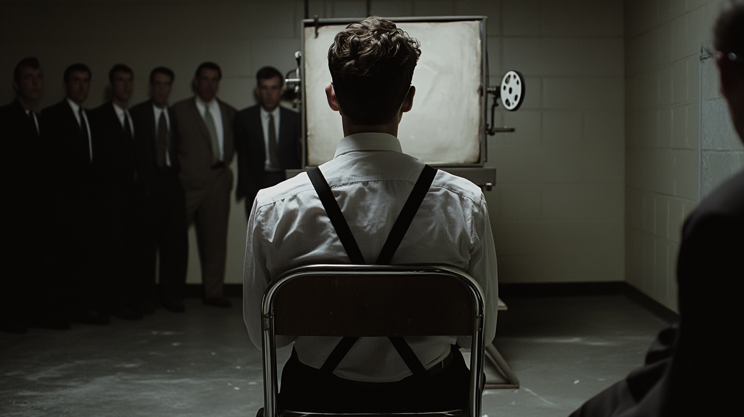 Young man in white shirt and suspenders seated alone in a stark 1960s institutional room, facing a projection machine, observed by silent men in suits, symbolizing forced morality in A Clockwork Orange.
