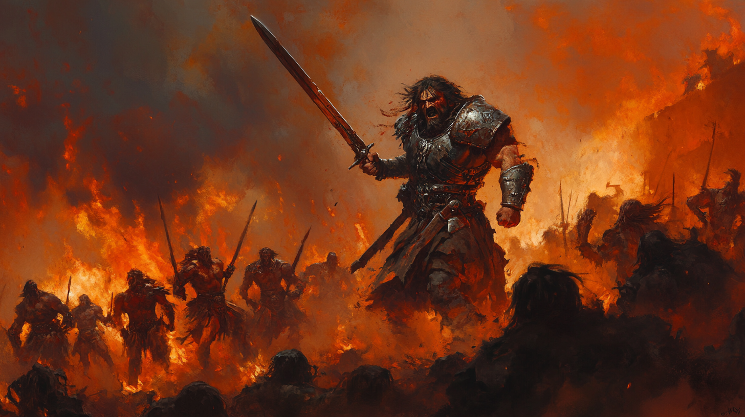 Painting of a fierce armored warrior leading a charge through fire and ruins, sword raised, in the style of Frank Frazetta.