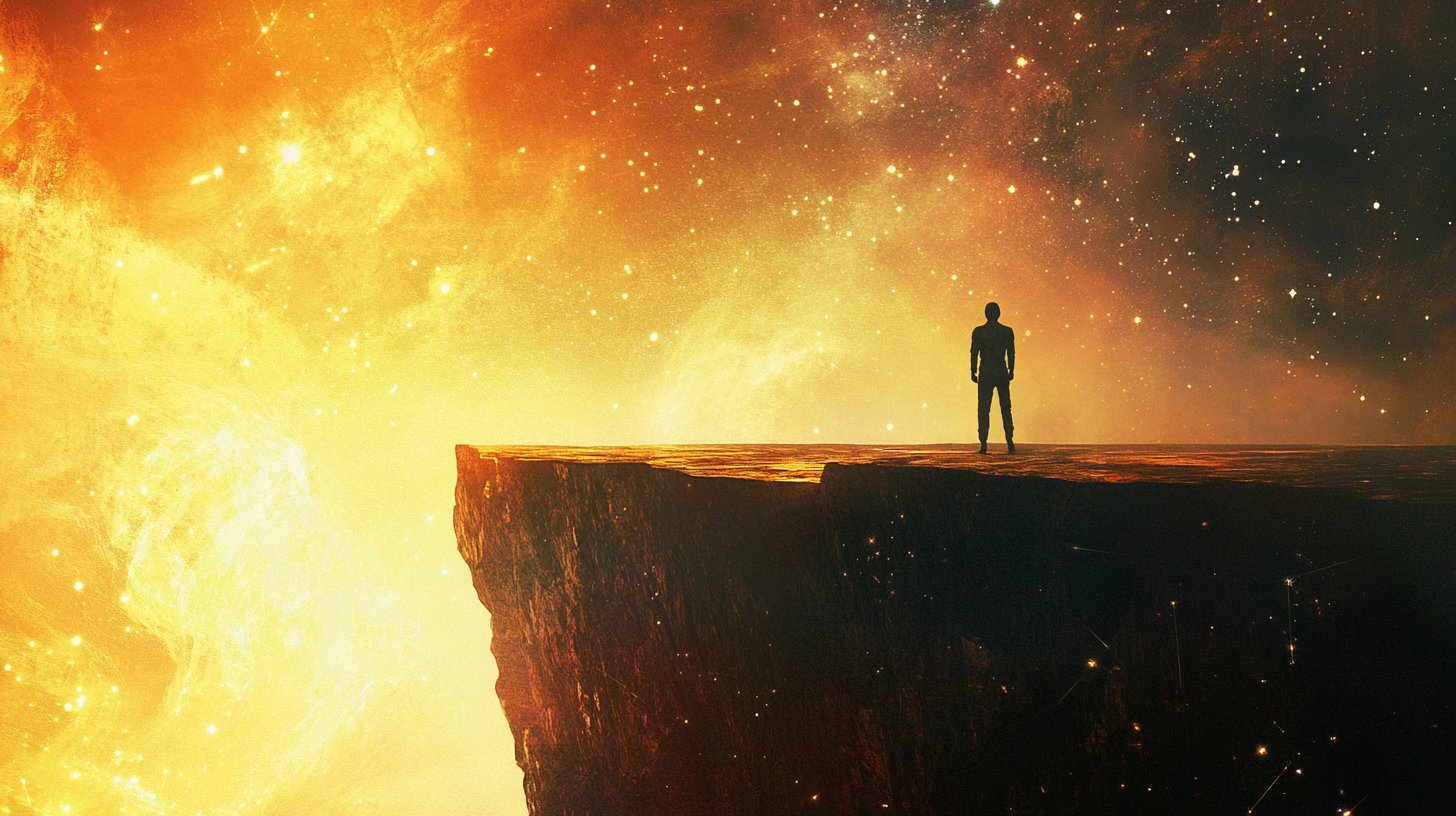 Silhouetted figure standing on a cliff under a glowing galaxy sky, symbolizing the philosophical legacy of Stranger in a Strange Land.