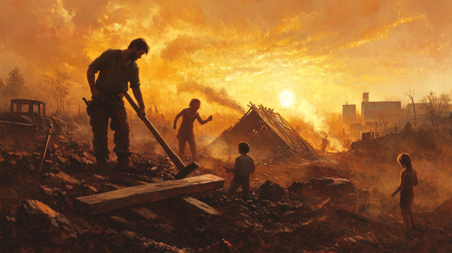 Marty Reed hammers wooden beams into place at sunrise in a ruined landscape, while children and survivors watch the early stages of a new shelter take shape.