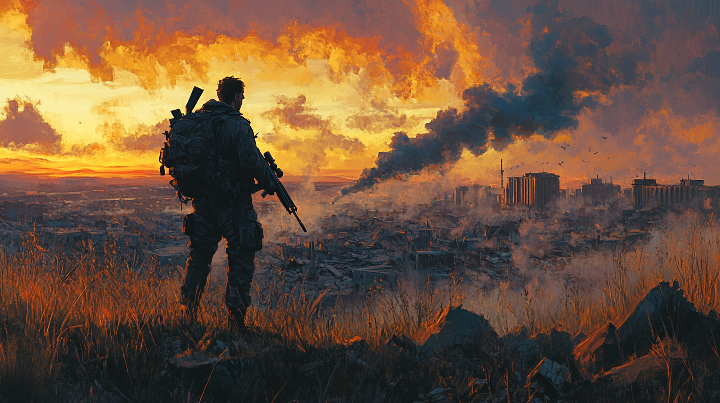 Marty Reed stands alone on a hill overlooking a smoking city at sunrise, holding a rifle and watching the collapse from above with calm determination.