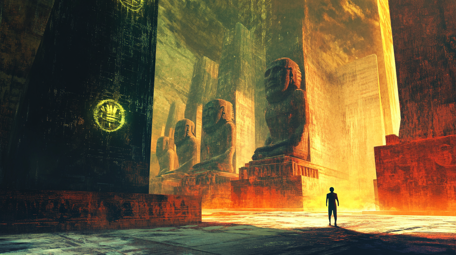 Solitary figure in a monumental sci-fi city with giant statues and glowing symbols representing law, religion, and tradition