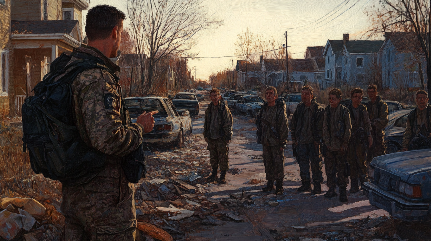 Marty Reed stands in front of a group of survivors on a debris-filled street, giving orders while the sun sets over a ruined suburban neighborhood.