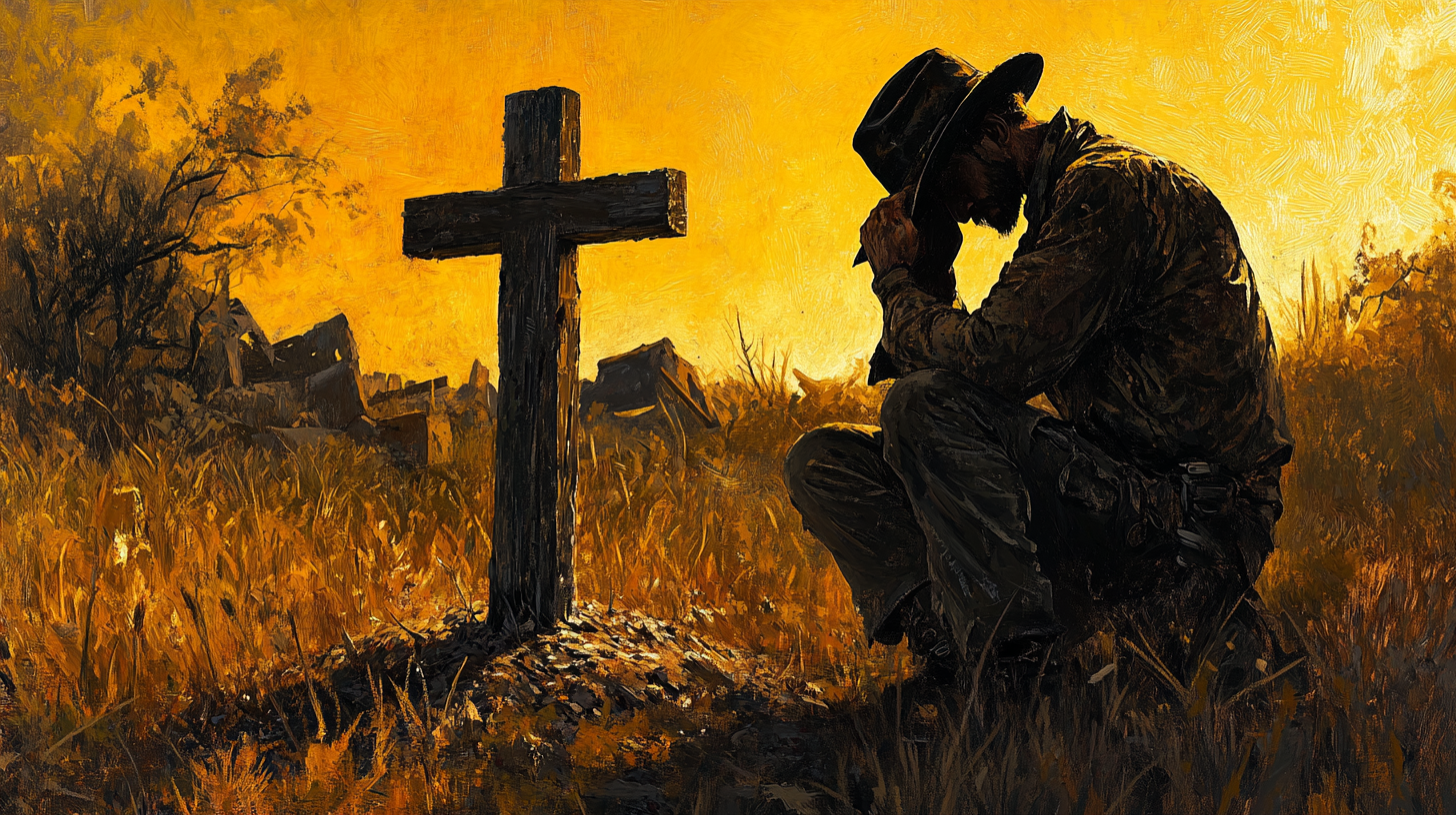 Marty Reed kneels beside a makeshift grave at sunrise, holding his hat in quiet reverence before a wooden cross in a post-apocalyptic field.