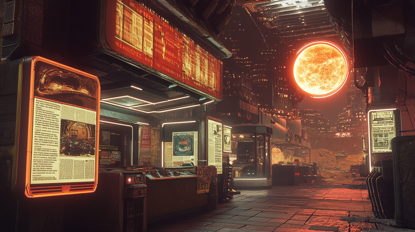 Retro-futurist street scene with glowing newspaper stands and sci-fi cityscape reflecting 1960s cultural tension and technological optimism