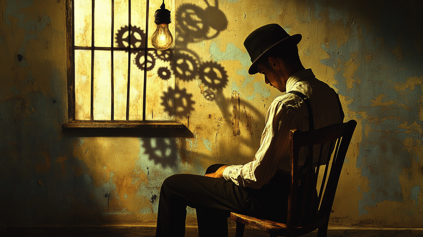 Young man in bowler hat sitting in a dim, crumbling London room with gear shadows on the wall, reflecting the theme of control versus free will in A Clockwork Orange.