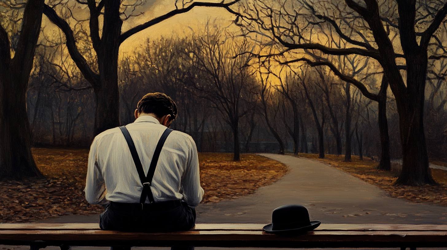 Young man in white shirt and suspenders sitting alone on a park bench at dusk with his hat beside him, bare trees and an empty path ahead, symbolizing reflection and the burden of moral freedom in A Clockwork Orange.