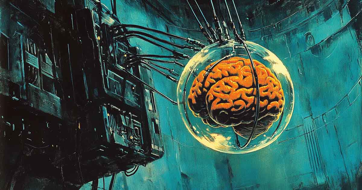 Vintage science fiction art of a human brain in a glass sphere connected to retro machinery.