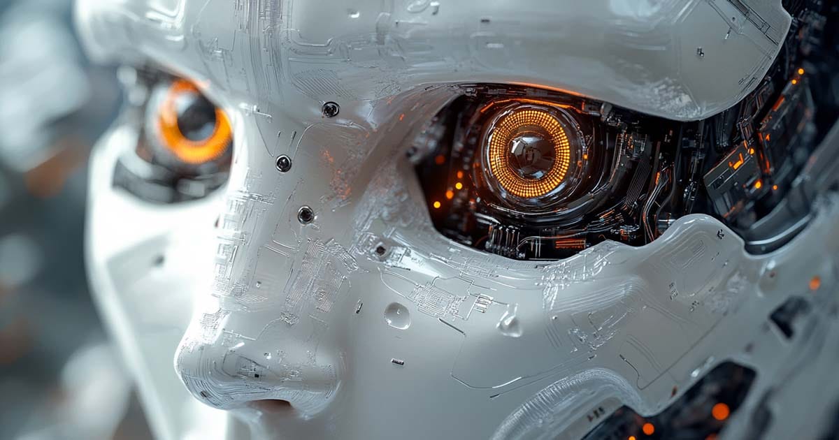 Close-up of a humanoid robotic face with glowing orange eyes and detailed circuits.