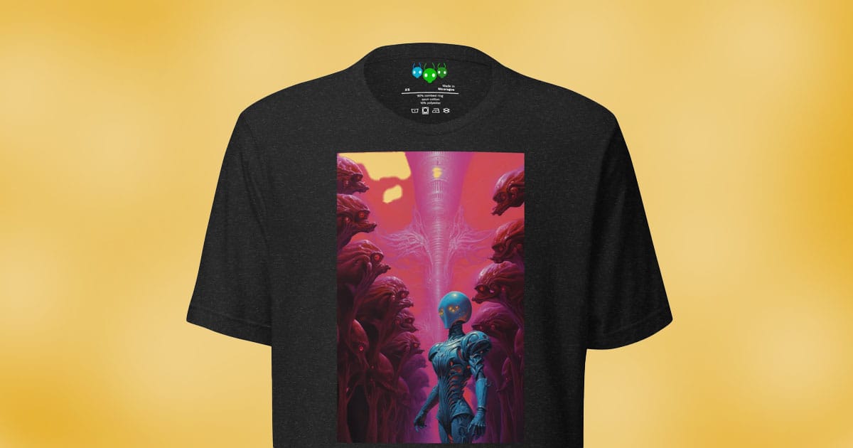 Purple Alien Commander science fiction t-shirt with futuristic alien artwork on a black shirt.