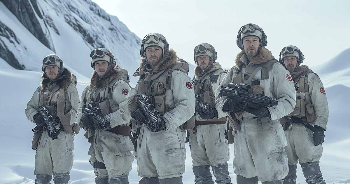 Group of six men in snow-covered Rebel uniforms standing in formation with determined expressions, inspired by real Norwegian mountain rescuers in "The Empire Strikes Back."