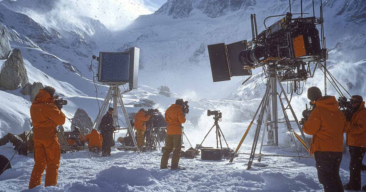 1970s film crew in orange parkas filming a snowy sci-fi scene on location with large vintage cameras and lighting equipment in a mountain environment.