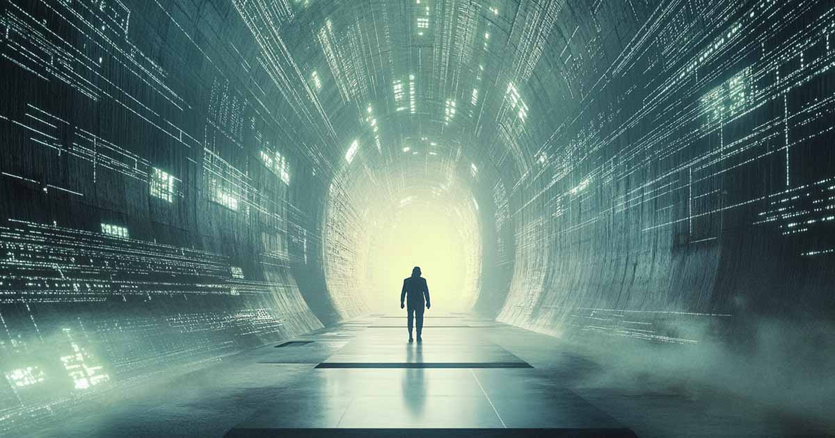 A silhouetted figure walks into a luminous, data-lined tunnel, symbolizing the enduring legacy of classic science fiction in digital futures.