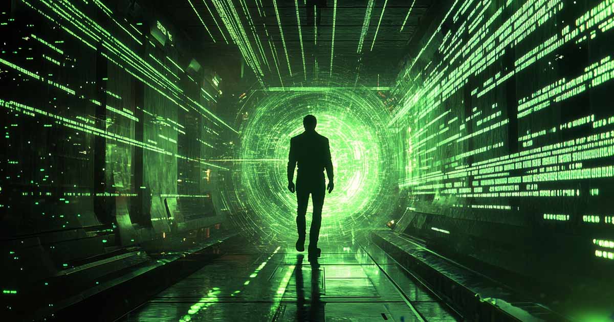A lone figure walks into a corridor of green streaming code, surrounded by digital symbols and a glowing vortex of light.