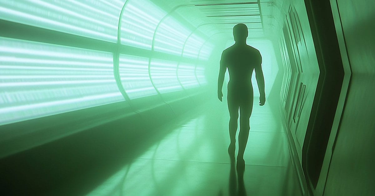 A translucent figure walks alone through a glowing green starship corridor, caught between visibility and vanishing.