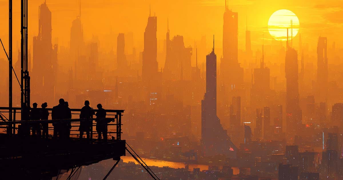 Silhouetted figures on a balcony overlooking a futuristic city skyline at sunrise with tall buildings in golden haze.