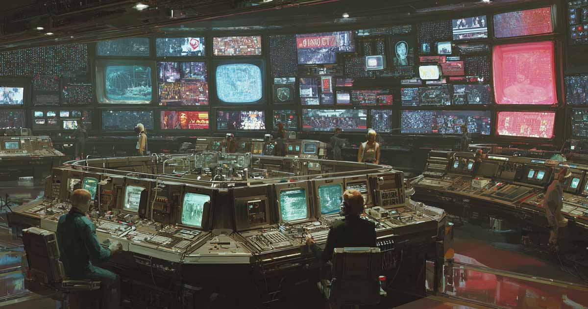 Futuristic control room with operators at computer consoles surrounded by large screens displaying fragmented data and images.