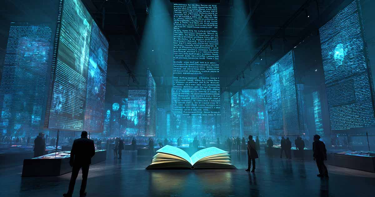 Futuristic museum hall with illuminated panels of text and a glowing open book, visitors walking among the displays.