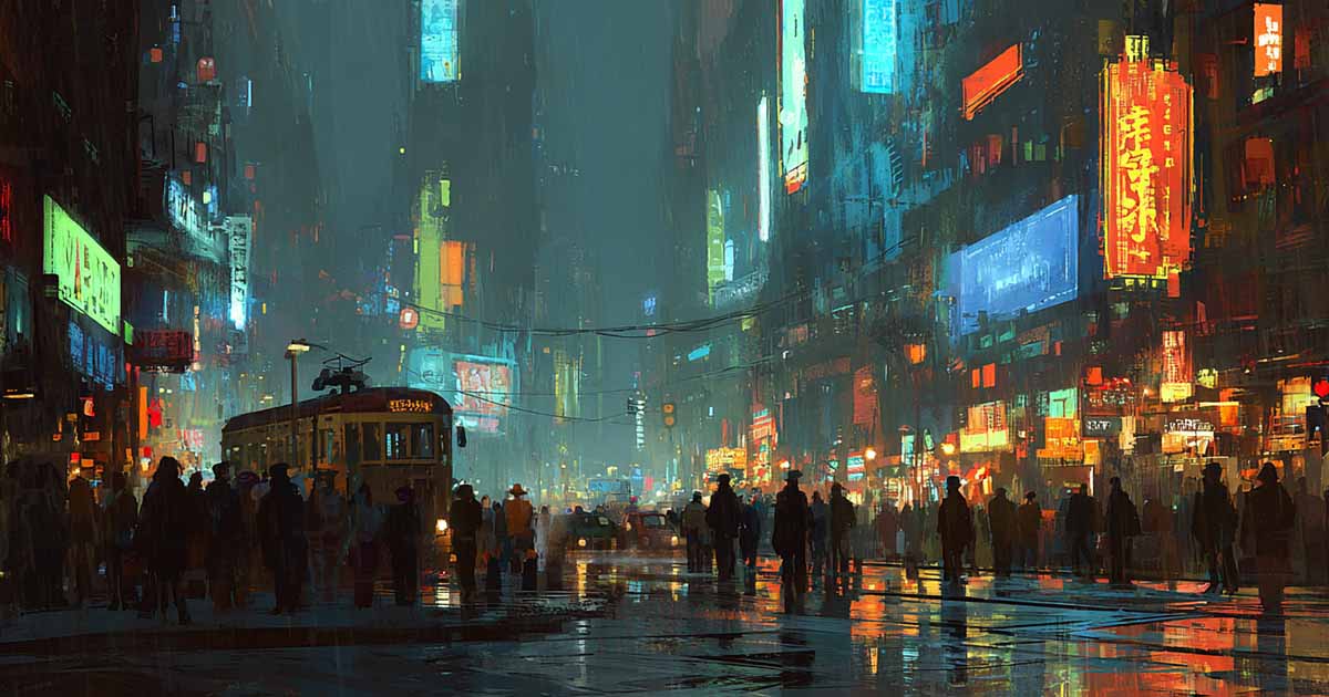 Crowded futuristic street at night with neon signs, streetcar, and pedestrians on wet pavement.