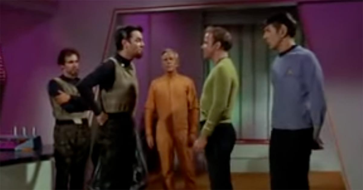 Captain Kirk and Mr. Spock confront Klingon Captain Koloth in “The Trouble with Tribbles” episode of Star Trek.