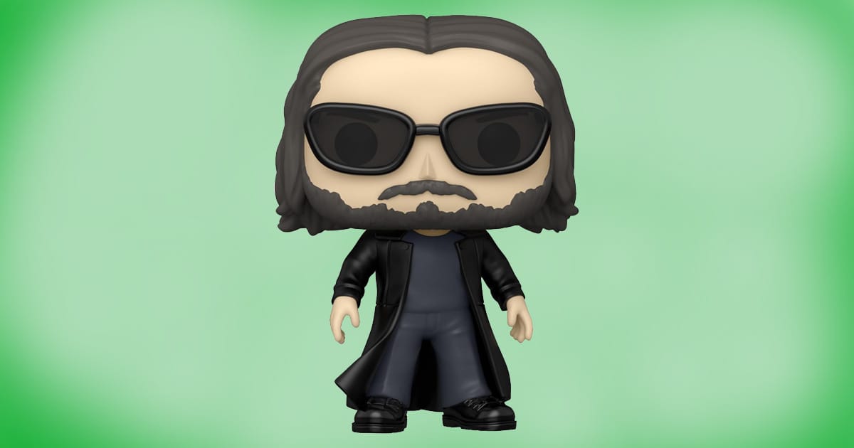 Funko POP vinyl figure of Neo from The Matrix Resurrections wearing black coat and sunglasses, collectible toy.