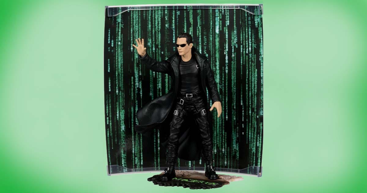 McFarlane Toys 6-inch Neo action figure from The Matrix with black trench coat, sunglasses, and digital code backdrop collectible.
