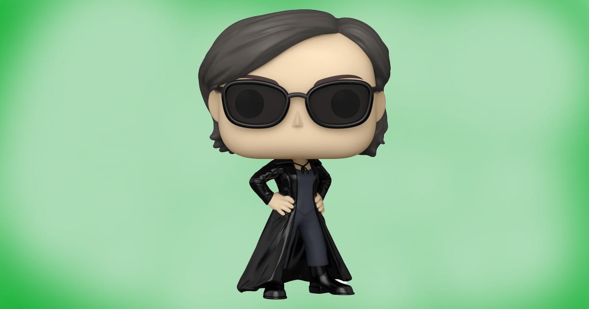 Funko POP vinyl figure of Trinity from The Matrix Resurrections wearing black trench coat and sunglasses, collectible toy.
