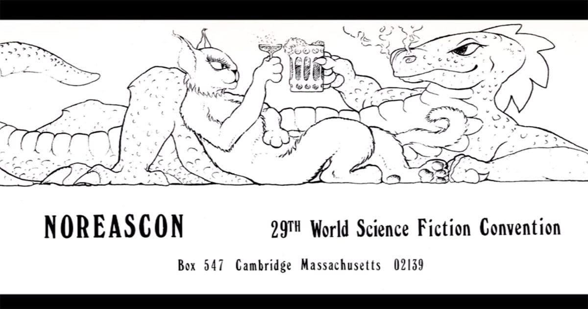 Line art from the Noreascon I program cover featuring a dragon and cat toasting drinks 1971.