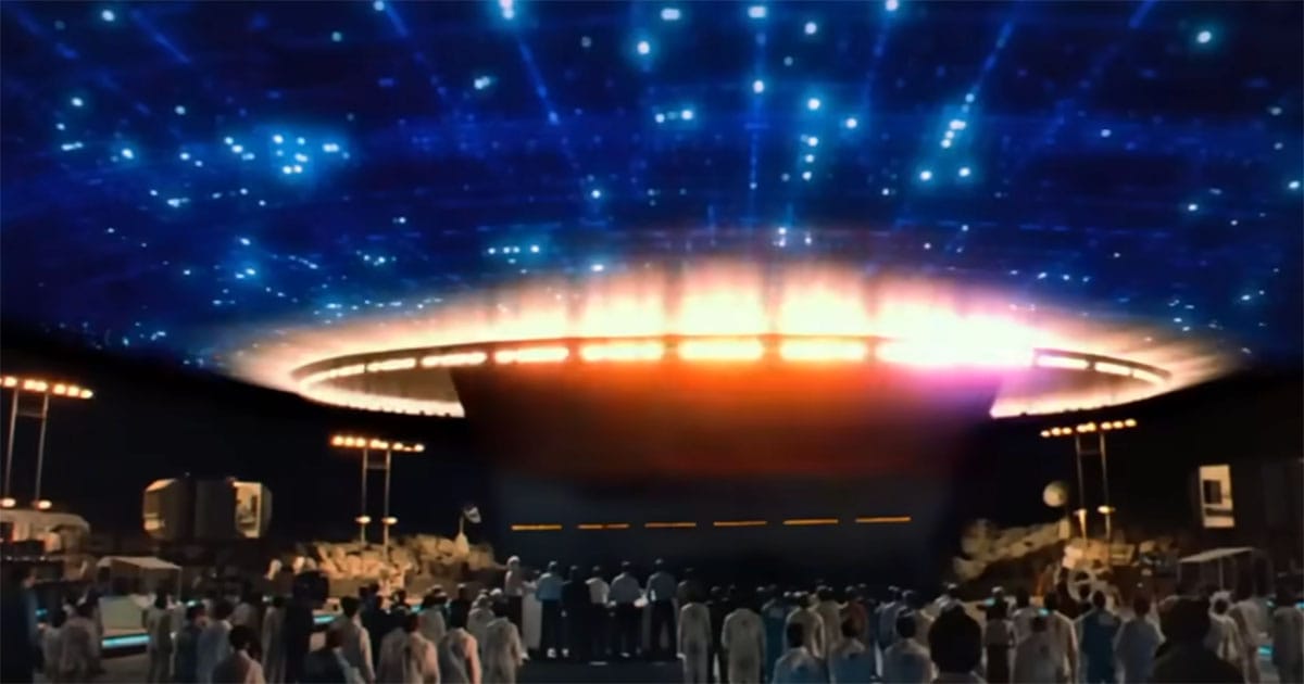 The crowd watches the glowing mothership above Devil’s Tower in "Close Encounters of the Third Kind" (1977).