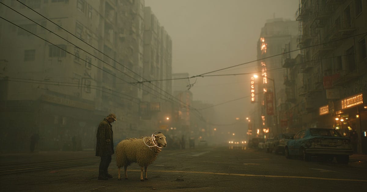 Post-apocalyptic San Francisco street with a trench-coated man standing beside an artificial sheep under glowing neon signs, inspired by "Do Androids Dream of Electric Sheep?" — Philip K. Dick 1968.
