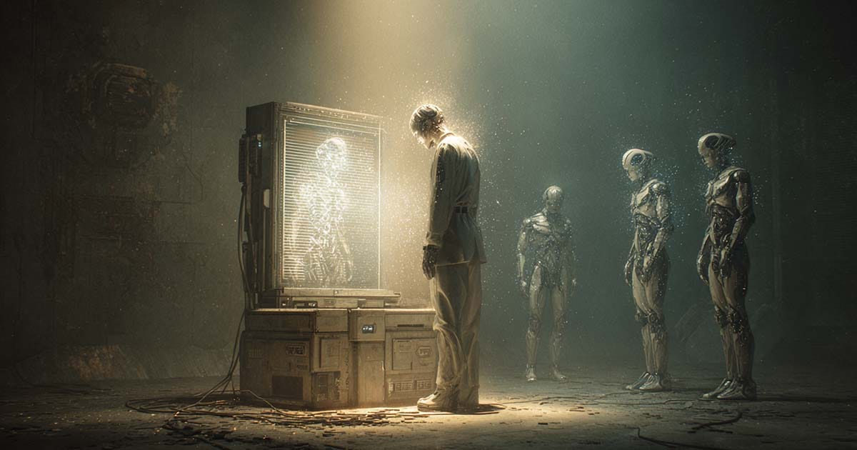 Futuristic scene of a man using a glowing empathy box while androids observe, symbolizing empathy, religion, and machines in "Do Androids Dream of Electric Sheep?" — Philip K. Dick 1968.