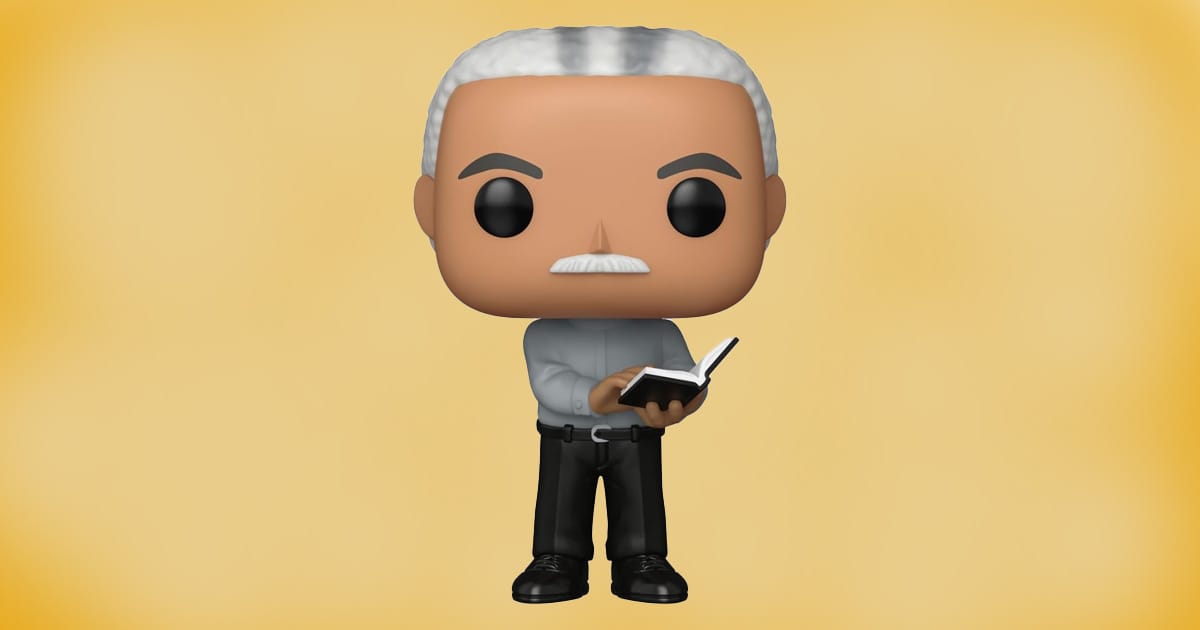Funko Pop Firefly Shepherd Book vinyl figure holding Bible with gray hair and mustache.