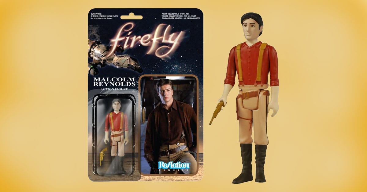 Funko ReAction Firefly Malcolm Reynolds action figure in packaging with pistol accessory.
