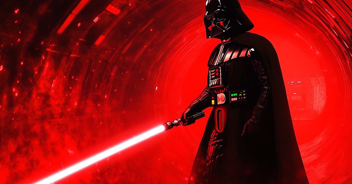 Darth Vader holding a red lightsaber in a glowing red corridor, symbolizing his power and menace.