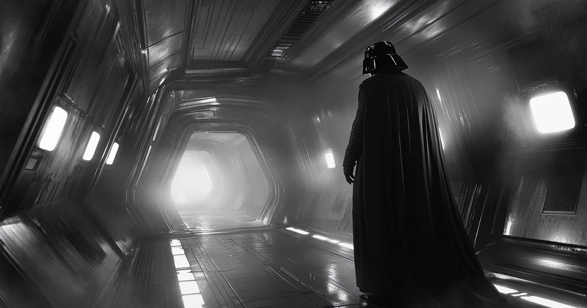 Darth Vader standing in a dark corridor of the Death Star, backlit by mist and bright light at the end of the passage.