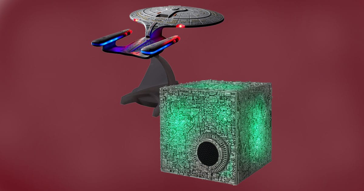 FAMETEK Star Trek Bluetooth speaker bundle featuring Borg Cube with green illumination and USS Enterprise model.