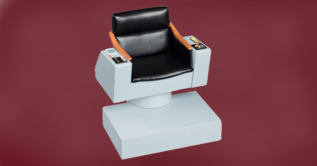 QMx Star Trek Captain’s Chair 1/6 scale replica from The Original Series with detailed controls and black seat.
