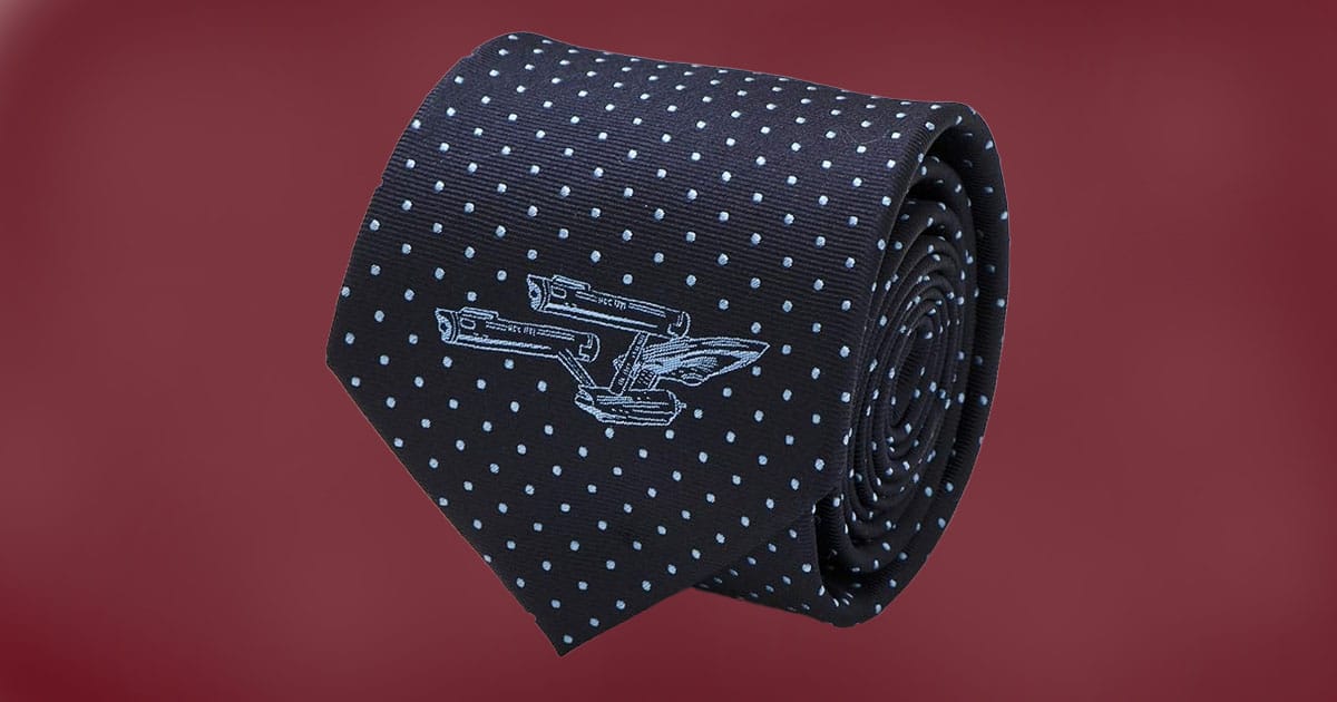 Cufflinks Inc. Star Trek Enterprise Dot Blue Tie featuring USS Enterprise design with dotted pattern.