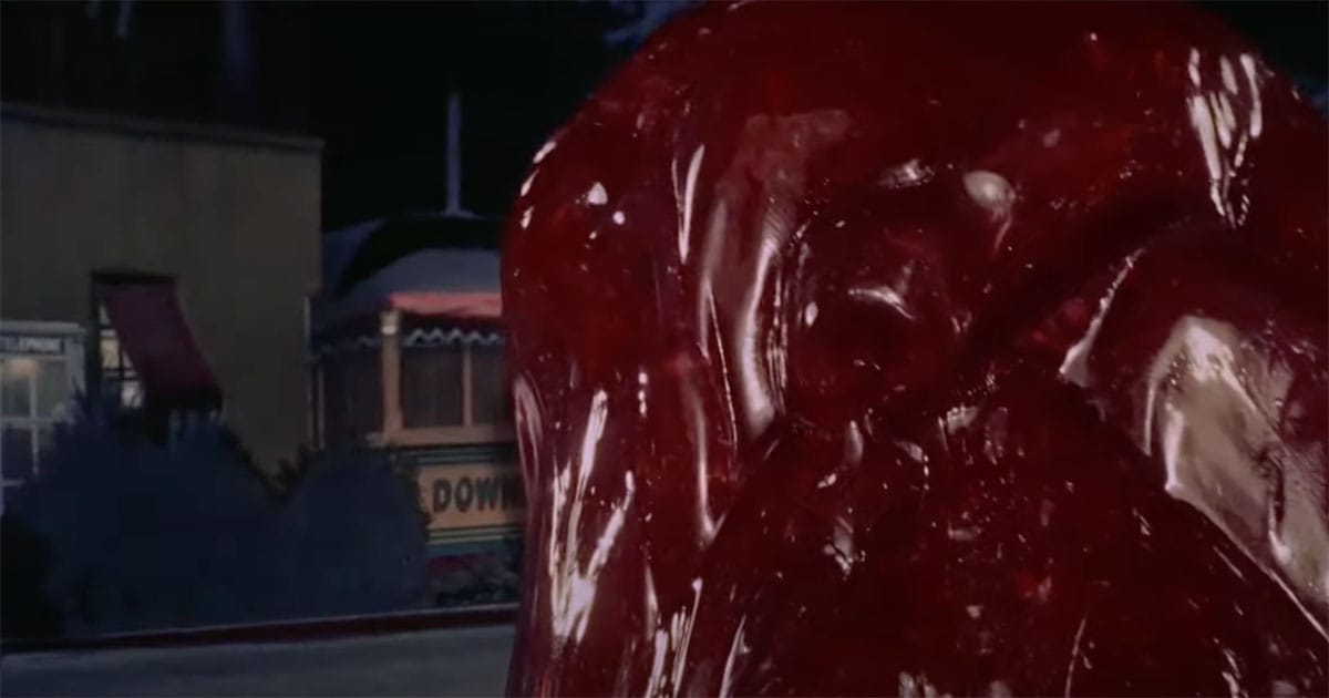 The Blob alien creature in the street during the 1958 film.