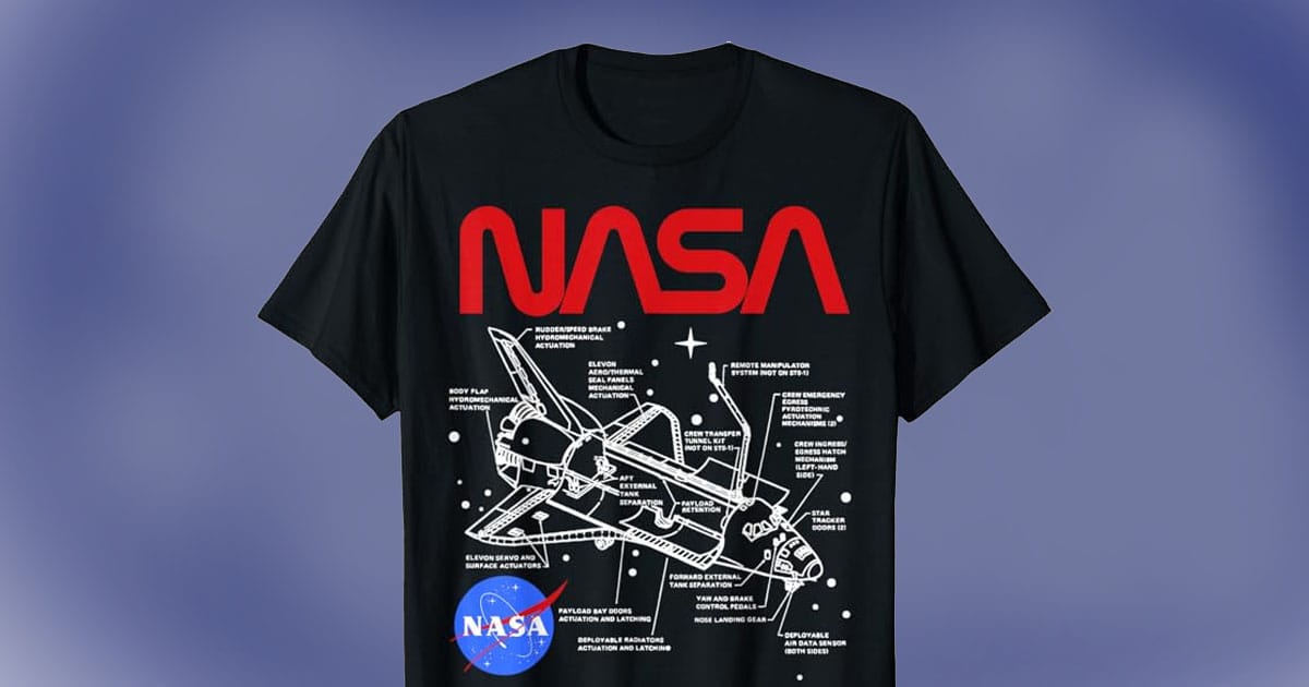 Black NASA T-shirt featuring a schematic layout of the Space Shuttle with labeled components and bold red NASA logo.