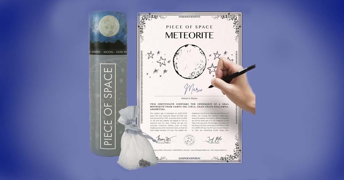 Meteorite gift set with decorative tube, small bag containing meteorite pieces, and customizable ownership certificate being signed by hand.