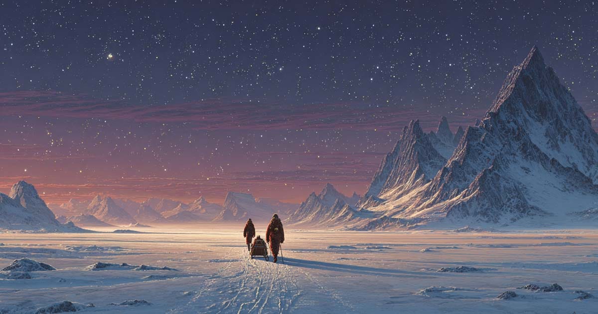 Two figures hauling a sled across a snowy plain under a starlit sky with towering mountains in the distance.