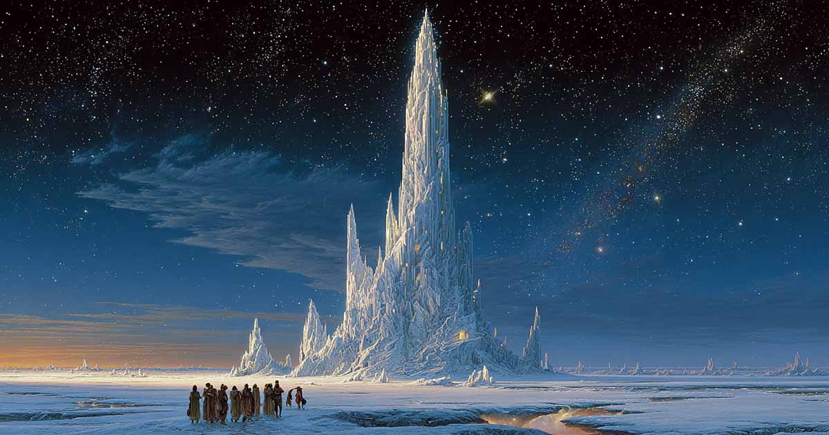 Towering ice spire glowing under a starry sky with figures gathered at its base on a vast frozen landscape.
