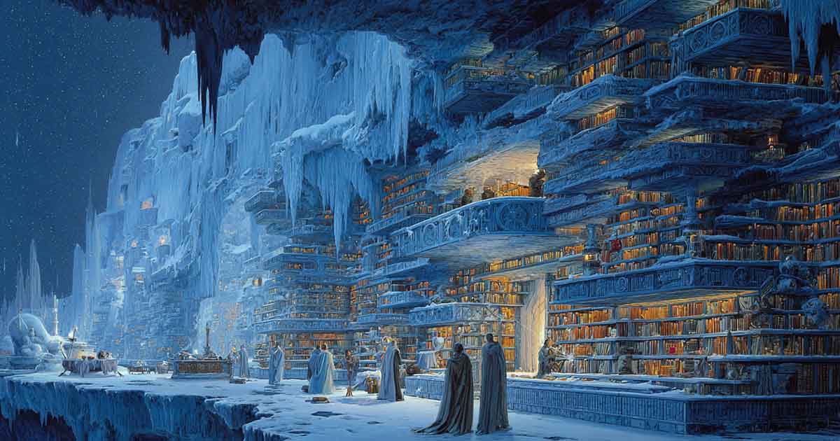 Grand frozen library built into icy cliffs with glowing shelves of books and robed figures studying beneath icicles.